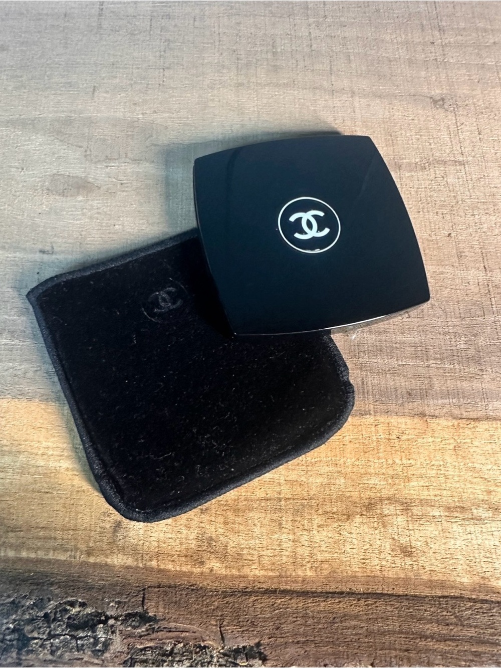 CHANEL Black Compact Case with Velvet Pouch Interlocking CC Logo